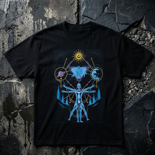 Black Interconnected fluffy vintage heavyweight tee on dark stone, printed in blue and purple with a Vitruvian cosmic figure, ringed planet, ocean wave and sacred geometry.