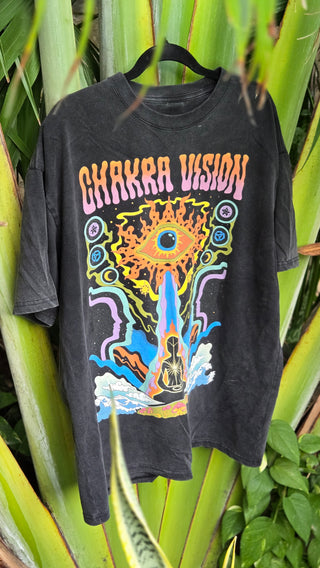 Chakra Vision Fluffy Vintage tee in black wash displayed against green palm leaves showing colorful design