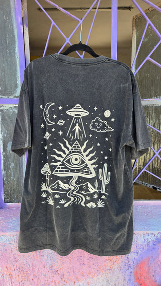 Mystic Signal Fluffy Vintage tee back design on hanger white mystic print on charcoal acid-washed cotton