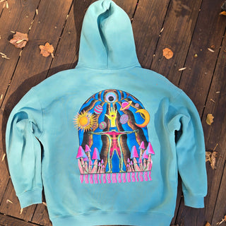 Self Actualized Oversize Fleeced Hoodie in mint with cosmic figure planets and mushrooms back print