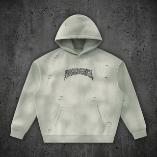 Front of the Enigma frayed fleece hoodie in Light Gray, laid flat, pale cloud-faded sunfade wash with fray detailing, drop shoulders, kangaroo pocket, and the black arched Phantasmagorical wordmark across the chest