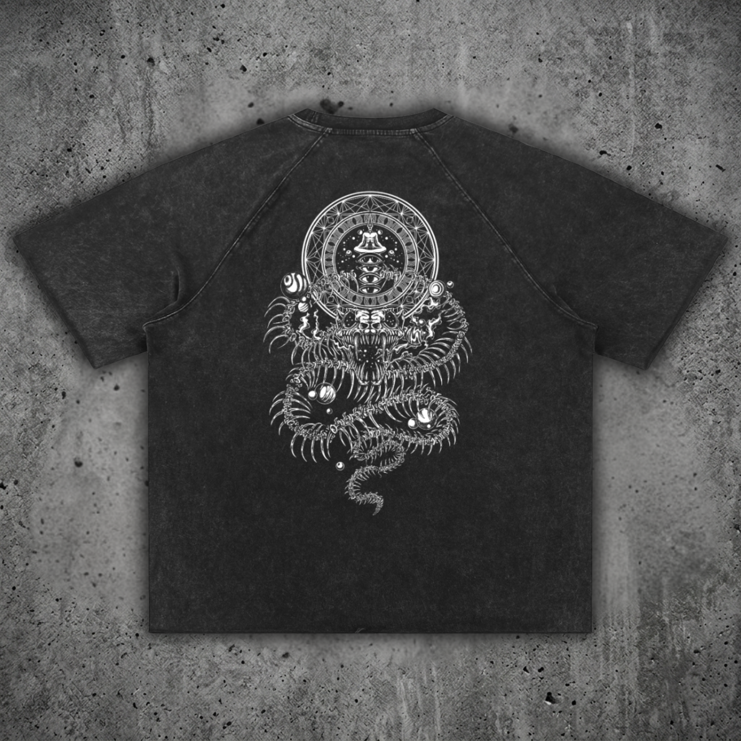 Back print of the DMT.exe heavyweight mineral wash t-shirt showcasing the psychedelic serpent graphic.