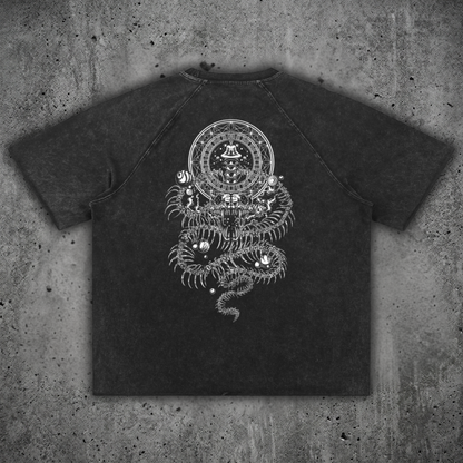 Back print of the DMT.exe heavyweight mineral wash t-shirt showcasing the psychedelic serpent graphic.