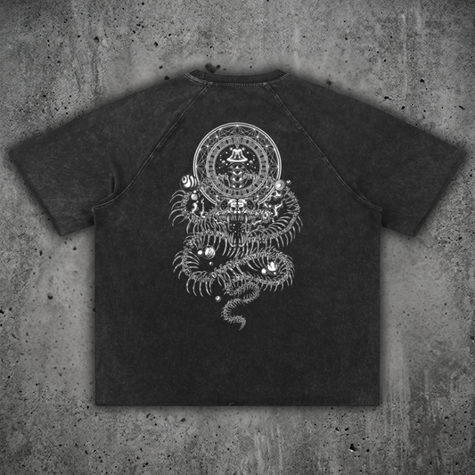 Back print of the DMT.exe heavyweight mineral wash t-shirt showcasing the psychedelic serpent graphic.
