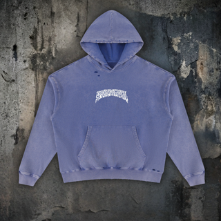 Front view of the 400 GSM mineral wash distressed hoodie in Misty Purple, boxy oversized fit with kangaroo pocket and a small white Phantasmagorical script chest print