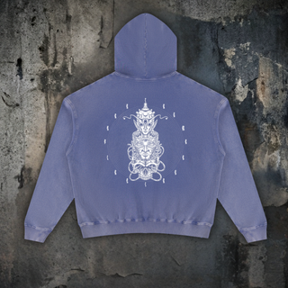 Back view of the Paradigm mineral wash distressed hoodie in Misty Purple, white line-art totem of stacked third eye faces above a skull, 400 GSM heavyweight cotton