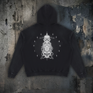 Back view of the Paradigm mineral wash distressed hoodie in Black, white line-art totem of stacked third eye faces above a skull, 400 GSM heavyweight cotton