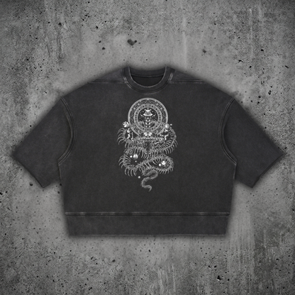 Front view of the DMT.exe 310 GSM heavyweight mineral wash boxy tee, featuring a raw edge hem, drop shoulder fit, and psychedelic visionary art.