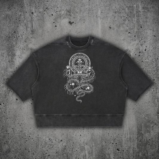Front view of the DMT.exe 310 GSM heavyweight mineral wash boxy tee, featuring a raw edge hem, drop shoulder fit, and psychedelic visionary art.