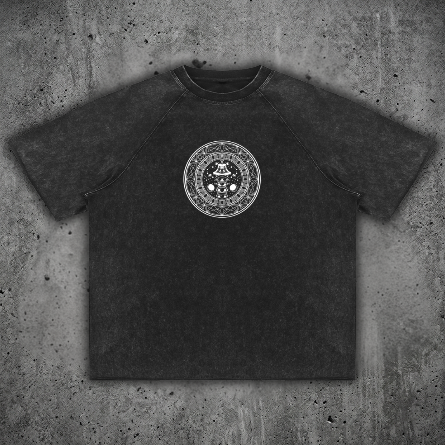 Front view of the DMT.exe 300 GSM heavy cotton raglan tee from the Sacred Collection, featuring an artisanal mineral wash and a raw edge hem.