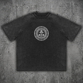 Front view of the DMT.exe 300 GSM heavy cotton raglan tee from the Sacred Collection, featuring an artisanal mineral wash and a raw edge hem.