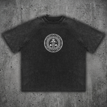 Front view of the DMT.exe 300 GSM heavy cotton raglan tee from the Sacred Collection, featuring an artisanal mineral wash and a raw edge hem.