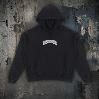 Front view of the 400 GSM mineral wash distressed hoodie in Black, boxy oversized fit with kangaroo pocket and a small white Phantasmagorical script chest print