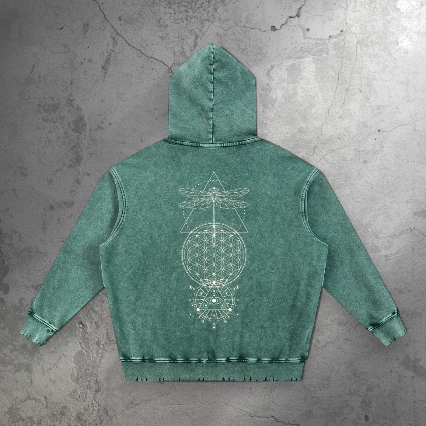 Green Existential snow wash hand-frayed hoodie back view with dragonfly sacred geometry design