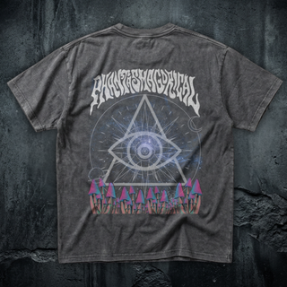Back view of the Third Eye Mycelium snow wash oversized t-shirt in Pirate Gray, 250 GSM cotton, with the cosmic third eye and mushroom colony graphic