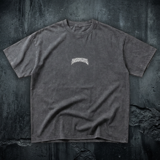 Front view of the Third Eye Mycelium snow wash oversized t-shirt in Pirate Gray with a small white Phantasmagorical script chest print