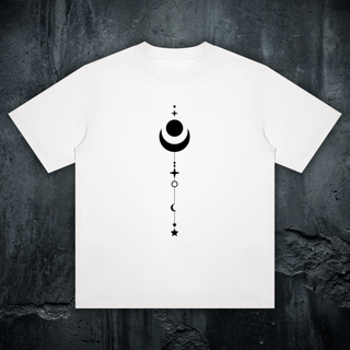Existential celestial crewneck tee in white, styled flat lay, minimalist black moon-phase and star column front print, standard slightly relaxed fit