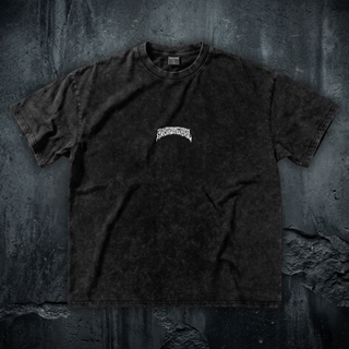 Front view of the Third Eye Mycelium snow wash oversized t-shirt in Black with a small white Phantasmagorical script chest print