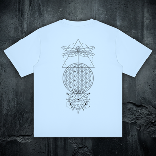 Existential celestial crewneck tee in sky blue, styled flat lay, large black sacred-geometry back print with dragonfly, flower of life, and all-seeing eye