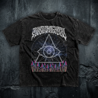 Back view of the Third Eye Mycelium snow wash oversized t-shirt in Black, 250 GSM heavyweight cotton, with the psychedelic mushroom and all-seeing eye graphic