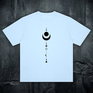 Existential celestial crewneck tee in sky blue, styled flat lay, minimalist black moon-phase and star column front print, 240 GSM cotton-Sorona