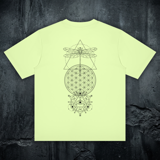 Existential celestial crewneck tee in light green, styled flat lay, large black sacred-geometry back print with dragonfly, flower of life, and all-seeing eye, 240 GSM cotton-Sorona