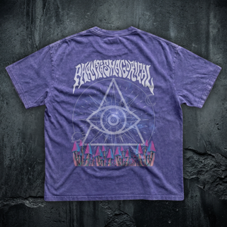 Back view of the Third Eye Mycelium snow wash oversized t-shirt in Purple Haze, 250 GSM cotton, showing the all-seeing eye in a triangle above a field of psychedelic mushrooms
