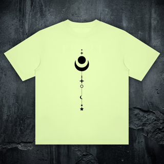 Existential celestial crewneck tee in light green, styled flat lay, minimalist black celestial column front print, standard slightly relaxed fit