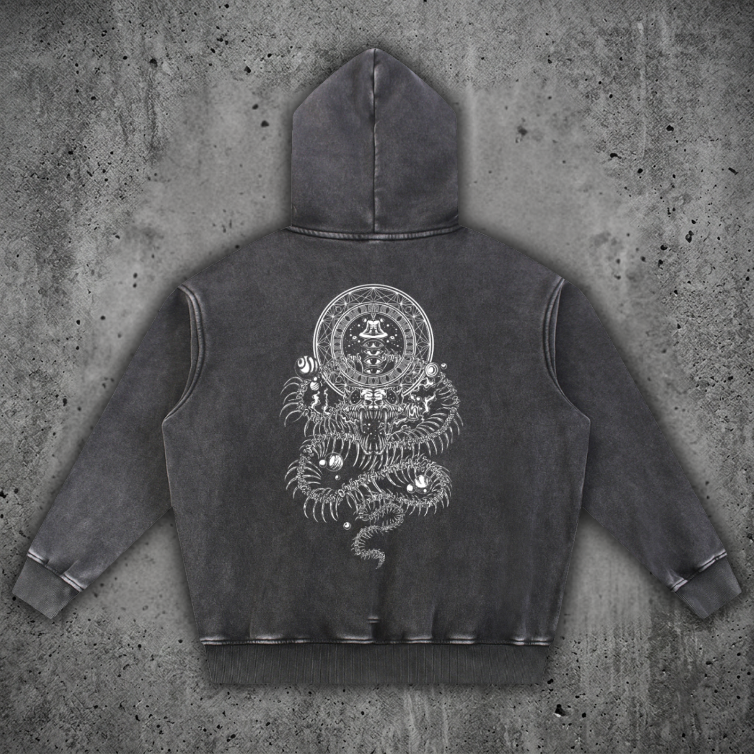 Back view of the DMT.exe 355 GSM snow wash fleece oversized hoodie from the Sacred Collection, featuring a heavy drop-shoulder drape and custom snake artwork.