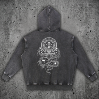 Back view of the DMT.exe 355 GSM snow wash fleece oversized hoodie from the Sacred Collection, featuring a heavy drop-shoulder drape and custom snake artwork.