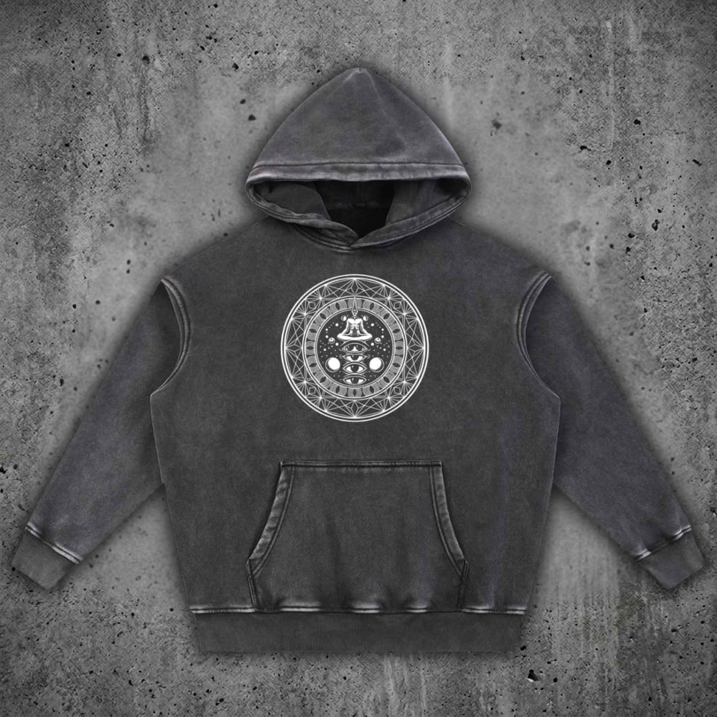 Front view of the DMT.exe 355 GSM snow wash fleece oversized hoodie from the Sacred Collection, featuring a heavy drop-shoulder drape and custom snake artwork.
