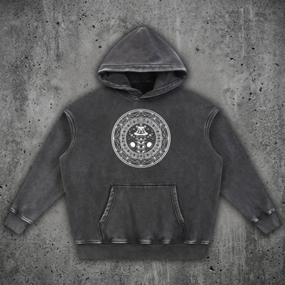 Front view of the DMT.exe 355 GSM snow wash fleece oversized hoodie from the Sacred Collection, featuring a heavy drop-shoulder drape and custom snake artwork.