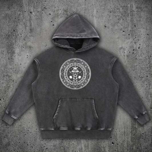 Front view of the DMT.exe 355 GSM snow wash fleece oversized hoodie from the Sacred Collection, featuring a heavy drop-shoulder drape and custom snake artwork.