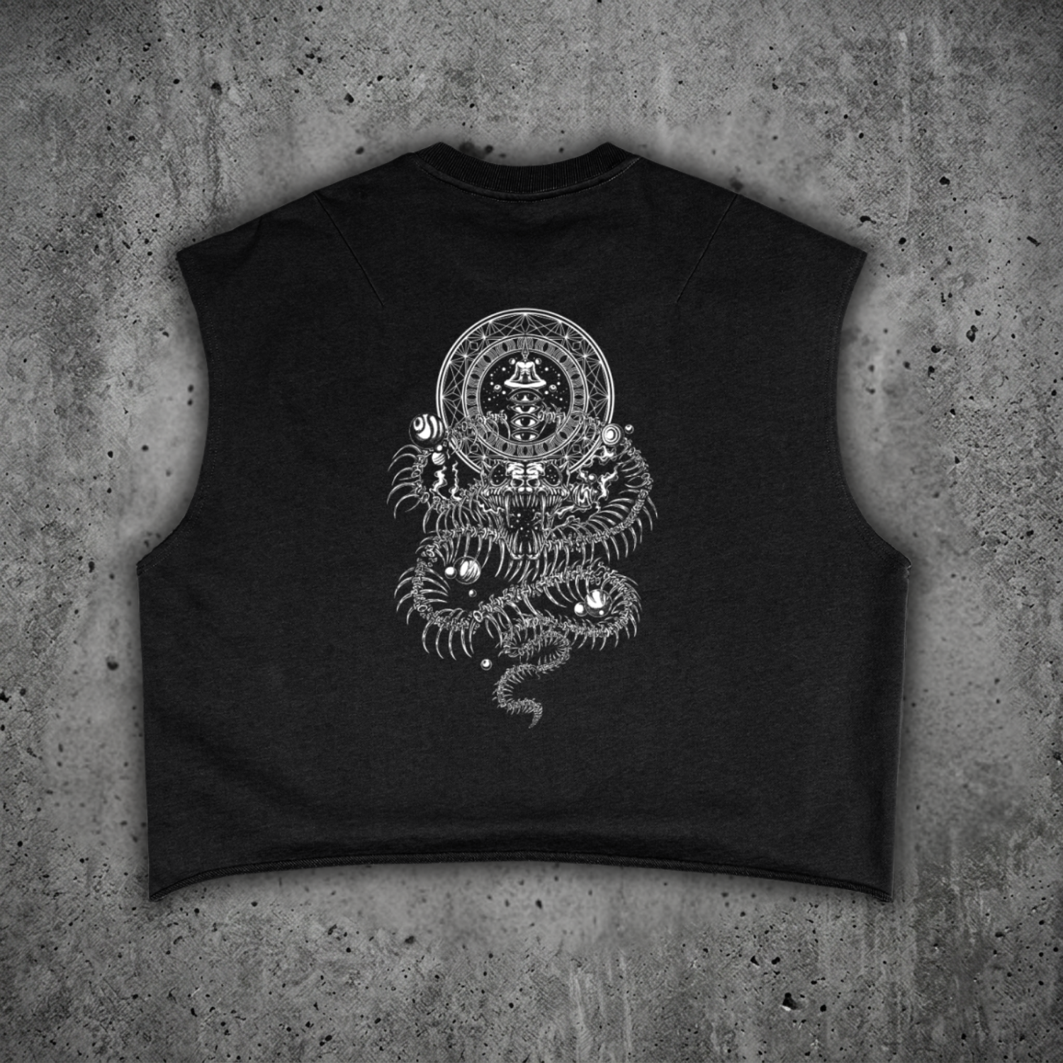 Back view of the DMT.exe 340 GSM French terry boxy tank top from the Sacred Collection, featuring raw cut sleeves and custom psychedelic snake artwork.