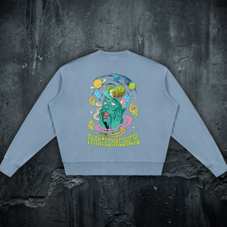 Back of the Macrodose Microcosm crewneck sweatshirt in jeans blue, printed with a teal melting face, exposed green brain, orbiting planets and pink ripple rings