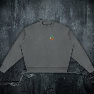 Front of the 360 GSM vintage-washed cotton crewneck sweatshirt in dark gray, with the Phantasmagorical logo on the left chest