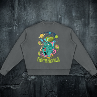 Back of the Macrodose Microcosm crewneck sweatshirt in dark gray, printed with a teal melting face, exposed green brain, orbiting planets and the arched Phantasmagorical wordmark