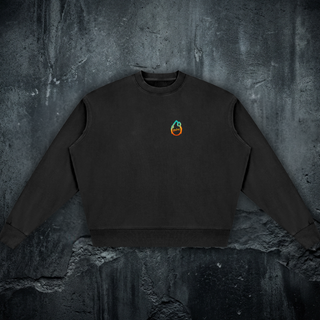 Front of the Macrodose Microcosm crewneck sweatshirt in black, 360 GSM vintage-washed cotton with the Phantasmagorical logo on the left chest