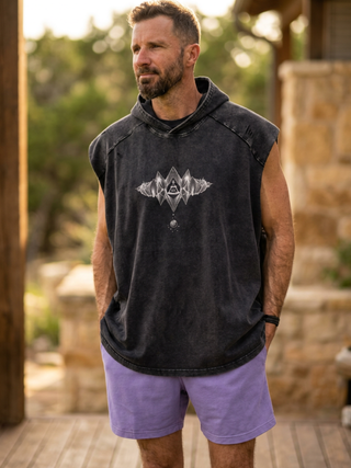 Mycelial Network hooded tank top in black, snow wash finish on 270 GSM cotton