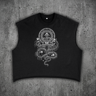 Front view of the DMT.exe 340 GSM French terry boxy tank top from the Sacred Collection, featuring raw cut sleeves and custom psychedelic snake artwork.
