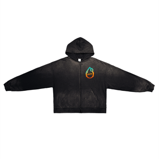 Cosmic Connection Zip Hoodie front flat lay with pH flame logo on black acid wash