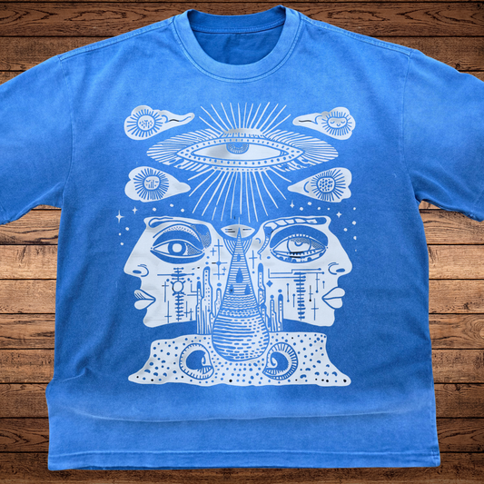 Celestial Vision 300 GSM ultra-heavyweight vintage oversized tee blue colorway - psychedelic streetwear by Phantasmagorical