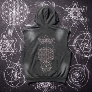 Back of the Existential sleeveless hoodie in dark gray vintage wash sun fade on chalk-drawn black asphalt, with the dragonfly, Flower of Life and all-seeing eye line art down the center of the back.