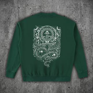 Back view of the DMT.exe oversized graphic crewneck sweatshirt in retro green, 350 GSM heavyweight cotton fleece with the full-back white sacred geometry and skeletal centipede artwork