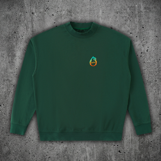 Front view of the DMT.exe oversized graphic crewneck sweatshirt in retro green, 350 GSM heavyweight cotton fleece with a dropped shoulder and small chest logo