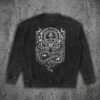 Back view of the DMT.exe oversized graphic crewneck sweatshirt in washed black, 350 GSM heavyweight cotton fleece, showing the full-back white line artwork of a seated figure in a geometric portal above a fanged skull and coiling skeletal centipedes
