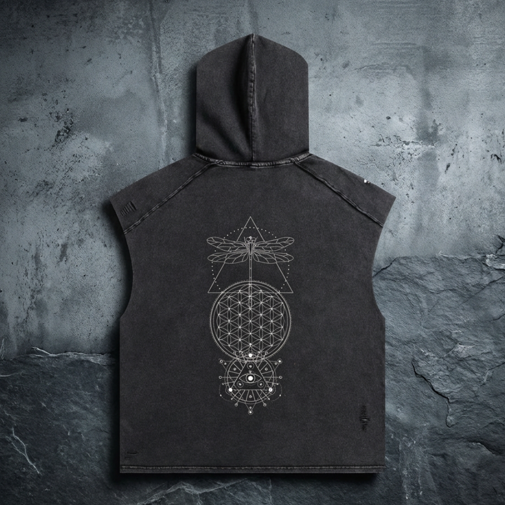 Black sleeveless hoodie with geometric design on a textured gray background
