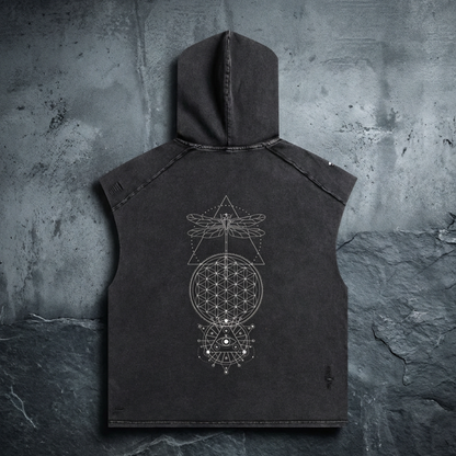 Black sleeveless hoodie with geometric design on a textured gray background