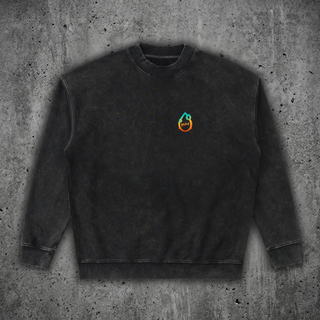 Front view of the DMT.exe oversized graphic crewneck sweatshirt in washed black, 350 GSM heavyweight cotton fleece with a dropped shoulder, ribbed crewneck and a small teal and orange Phantasmagorical flame logo on the left chest