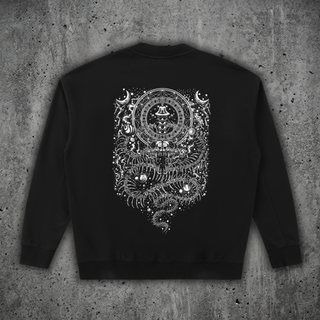 Back view of the DMT.exe oversized graphic crewneck sweatshirt in black, 350 GSM heavyweight cotton fleece with the full-back white sacred geometry and skeletal centipede artwork